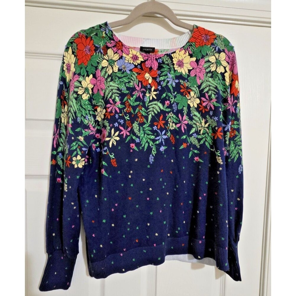 Talbots Cotton Blend Blissful Floral Pullover Sweater Size Medium